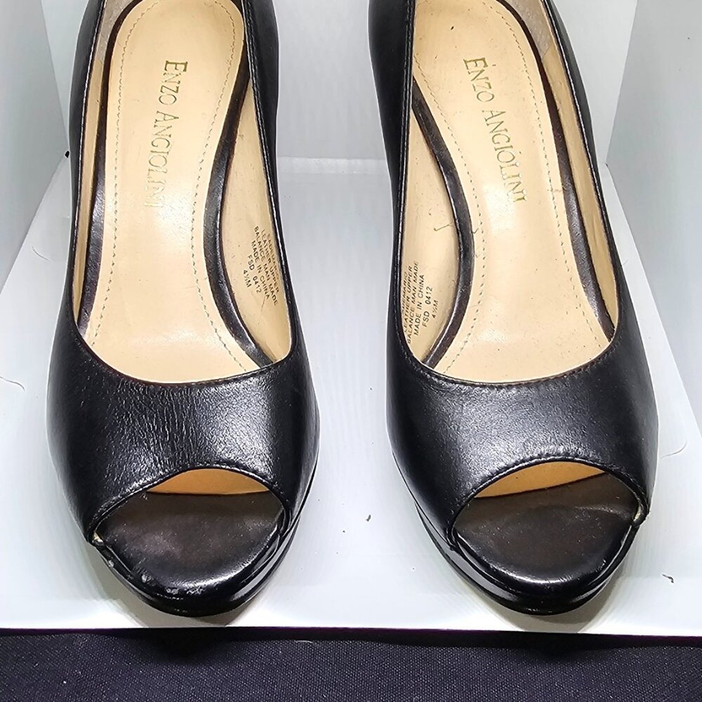 Enzo Angiolini Demario Black Leather Open Toe Pump Heels Women's Size 4.5 M.